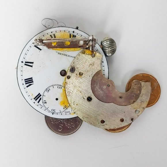 Handmade Pin Vintage Clock Parts and Coins - Picture 2 of 2